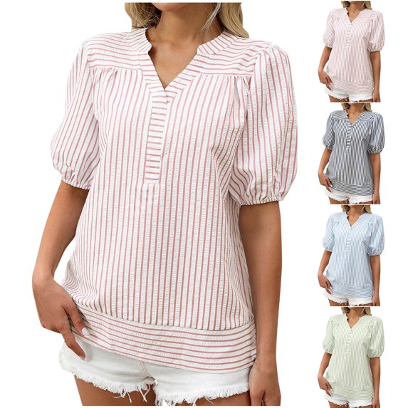 YHAJDS Blouses for Women Casual Loose Solid Color V Neck Bubble Sleeve Pullover Short Sleeve Tee