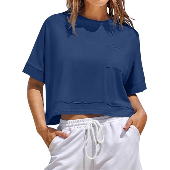 YHAJDS Blouses for Women Sporty Cropped Casual Solid Color Short Sleeve Round Neck Pocket Cropped Top
