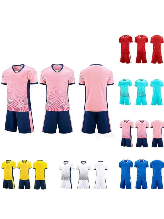 Boys 2 Piece Summer Outfits Solid Color Soccer Jersey Short Sleeve V Neck Tee Shorts Team Match Set