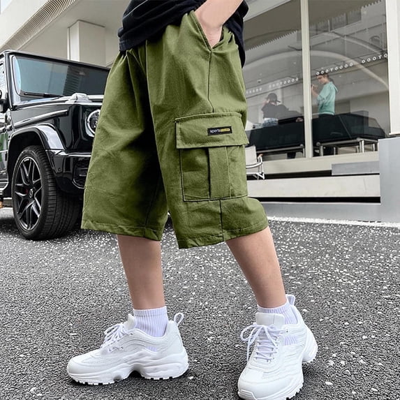 YHAJDS Boys Basketball Shorts Solid Color Loose Cargo Knee Length Shorts for Big Boys Summer