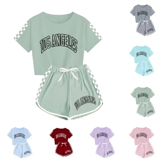 YHAJDS Kids 2 Piece Set Letter Print Plaid Short Sleeve Crewneck Tee with Elastic Shorts Summer Wear