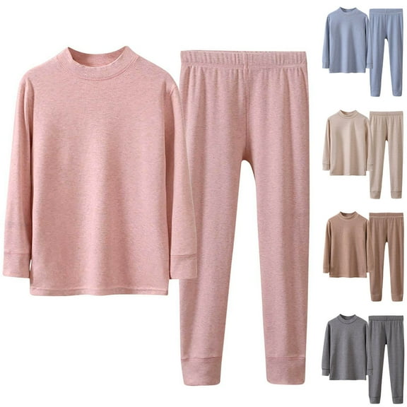 YHAJDS Boys Girls Casual Winter 2 Piece Outfits Set 3-15 Years Older Kids Solid Color Mock Neck Pajama Long Sleeve Crew Neck Top Pants Warm Loungewear Set