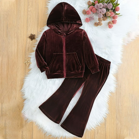 YHAJDS Boys Girls Casual Winter 2 Piece Outfits Set , Girl Solid Color Fashion Kids Outerwear Casual Warm Flare Pants Hooded Sweatshirt Jacket Set For 3-10 Years