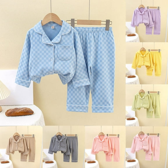 YHAJDS Boys Girls Casual Winter 2 Piece Outfits Set Kids 1-13 Years Plaid Print Lightweight Long Sleeve V Neck Top And Long Pants Home Wear 2 Piece Outfit Set