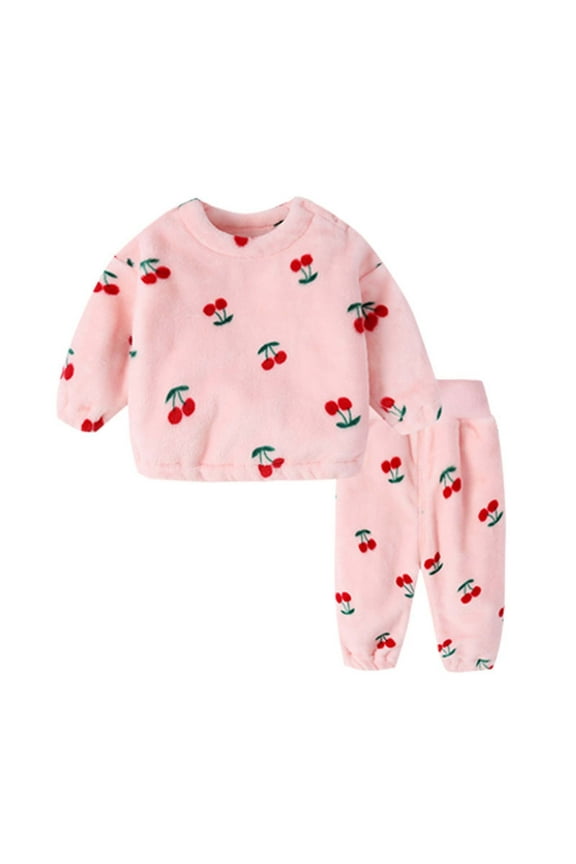 Boys Girls Casual Winter 2 Piece Outfits Set, Kids' Cloud Fleece Pajama Sets. Long Sleeved Round Neck Top and Pants, Thick Warm Home Wear for Toddlers