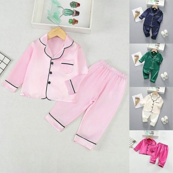 YHAJDS Boys Girls Casual Winter 2 Piece Outfits Set Kids Satin Print Long Sleeve V Neck Home Wear 2 Piece Set 1-5 Years