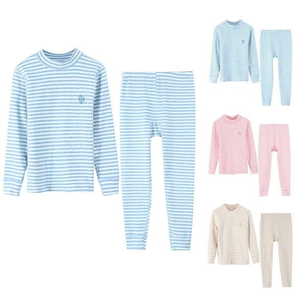 YHAJDS Boys Girls Casual Winter 2 Piece Outfits Set , Warm Fleece Thermal Underwear Striped Collar Long Sleeves Home Wear For 2-16Y