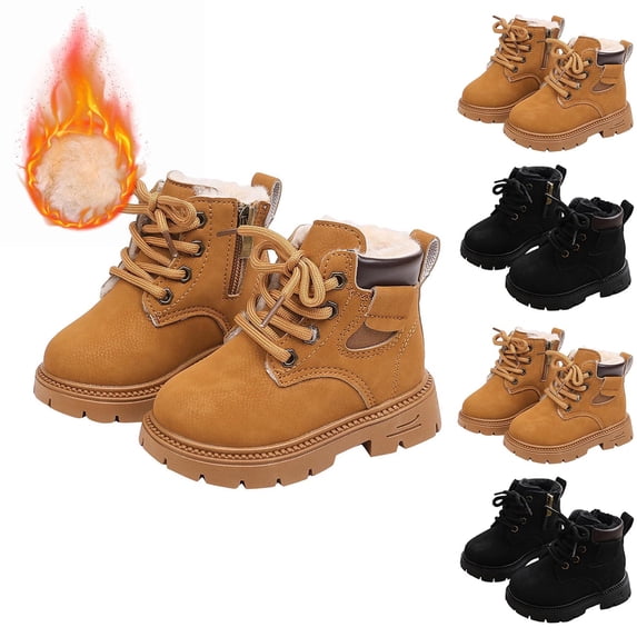 YHAJDS Boys Winter Snow Boots Fleece Lined Yellow Non Slip Soft Leather Ankle Booties for Toddler Kids