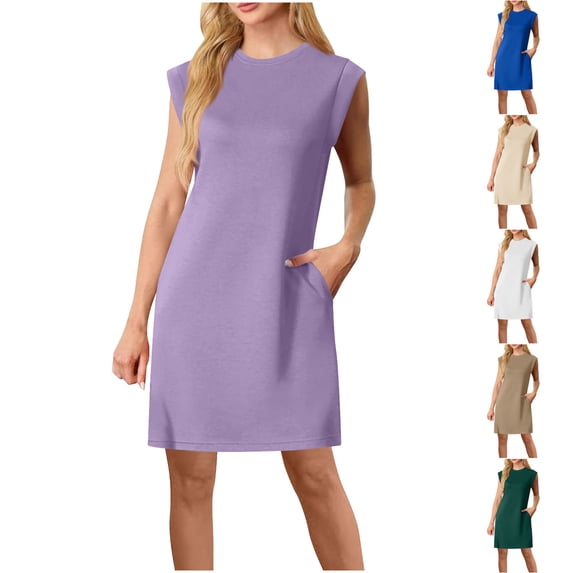 YHAJDS Camis Sleeveless Round Neck Dress Solid Color Round Neck Slit Loose Pocket Maxi Dress