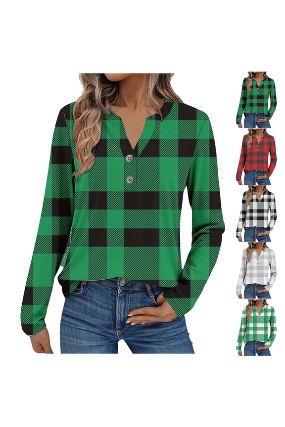Casual Tops Womens Tops V Neck Button Random Plaid Print Long Sleeve Loose Spring Summer Top