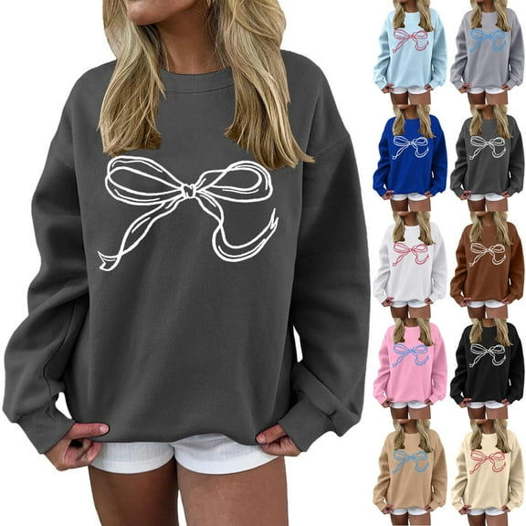 YHAJDS Casual Women's Long Sleeve Tops Solid Color Round Neck Loose Split Hem Sweatshirt Top For Fall Fall Winter