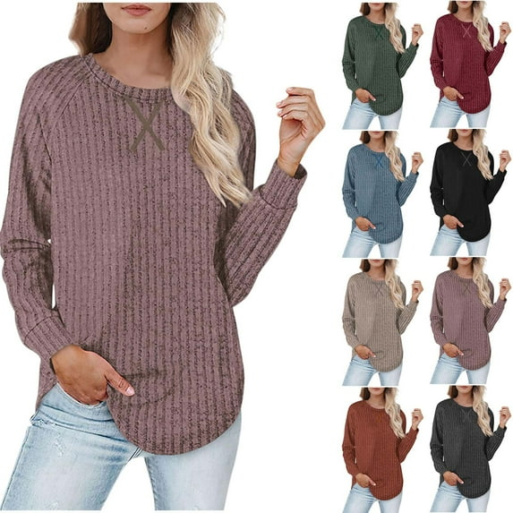 YHAJDS Casual Womens Fall Winter Loose Sweatshirt Pocket Tops Women's Long Sleeve Tops Solid Color V Neck Fleece Ribbed Casual Long Sleeve Top For Fall And Fall Winter