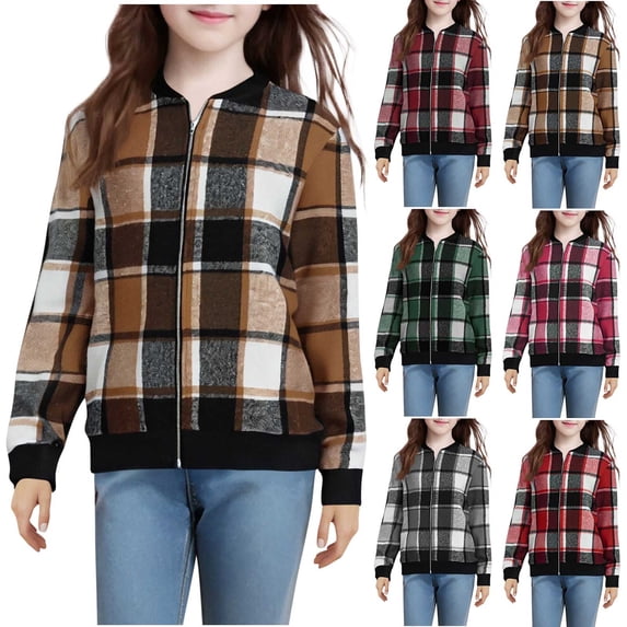 YHAJDS Children's Boy Girl Plaid Button Up Coat Print Loose Zip Long Sleeve Fall Winter Top
