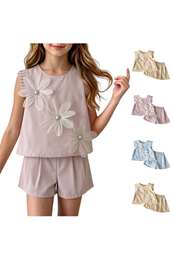 Girl 2 Piece Outfits Set Tweed Style Flower Detail Sleeveless Crewneck Top Ruffle Shorts Set