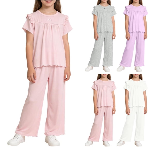 YHAJDS Girl 2 Piece Set Modal Short Sleeve Tee Long Pants Lace Trim Home Wear Sleep Set