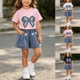 thumbnail image 1 of YHAJDS Girl 2 Piece Summer Outfits Bow Short Sleeve Crewneck Tee Elastic Waist Jeans Shorts Set, 1 of 7