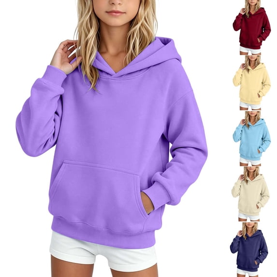 YHAJDS Girl Sweatshirts Fall Pullover Shirts Solid Color Hooded Pullover Long Sleeve With Side Pockets Warm Daily Tops