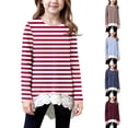 thumbnail image 1 of YHAJDS Girl's Fall Winter Shirts Striped Lace Hem Asymmetrical Crewneck Casual Sport Pullover Tee, 1 of 6