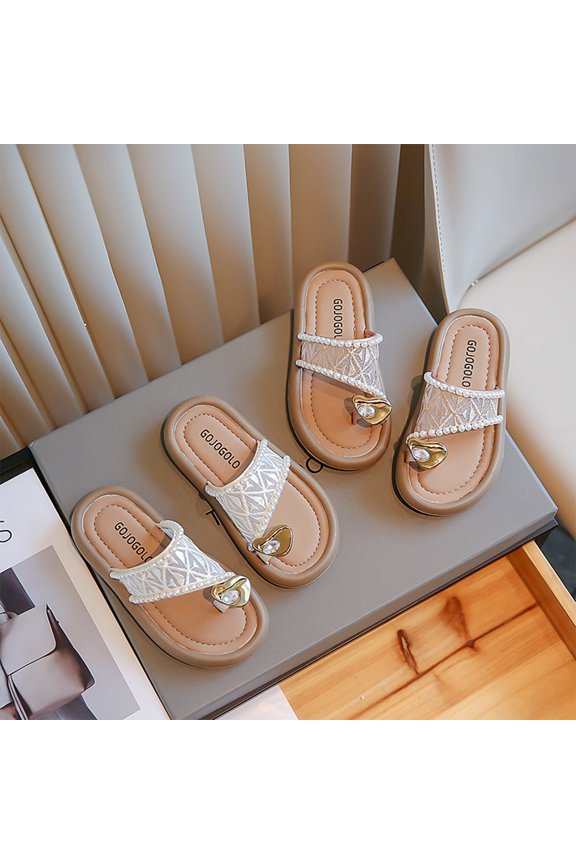 Girl's Slide Sandals Toe Loop Open Back Non Slip Breathable Pearl Design