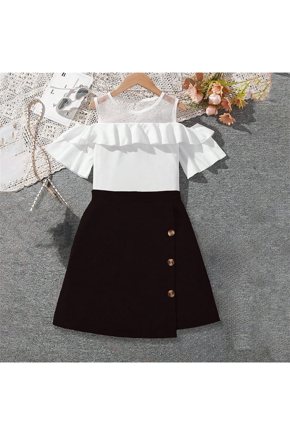 Girls 2 Piece Outfit Short Sleeve Off Shoulder Top with Button Skirt