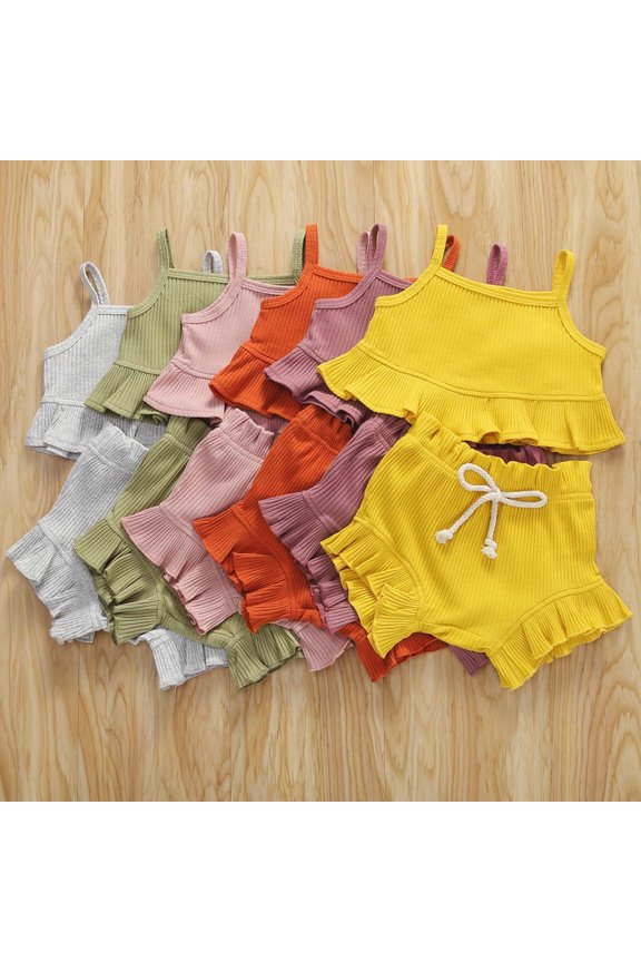 Girls 2 Piece Outfit Sleeveless Solid Color Drawstring Tank Top and Shorts Set