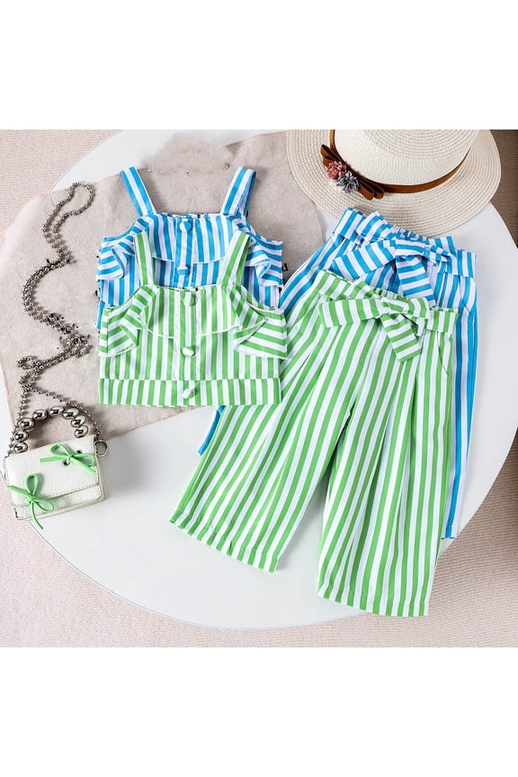 Girls 2 Piece Outfit Sleeveless Top Striped Print with Waist Long Pants
