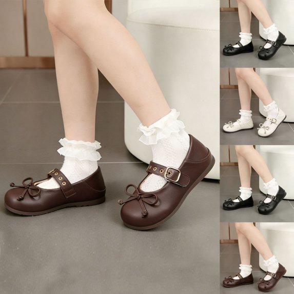 YHAJDS Girls Square Toe Flats Bow Design Soft Sole Breathable Lightweight School Dress Walkers Solid Color British Style Boots
