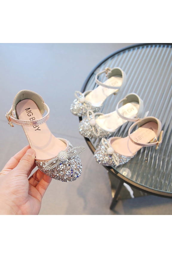 Girls Bow Rhinestone Sandals Low Heel Hook Loop Solid Color Princess Shoes