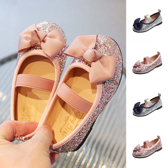 YHAJDS Girls Sequin Driving Shoes Solid Bow Design Flat Soft Sole Princess Casual Loafers for Little Big Kid