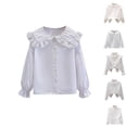 thumbnail image 1 of YHAJDS Girls Button Front Blouse Solid Color Lace Trim Long Sleeve Lightweight Top Spring Wear, 1 of 3