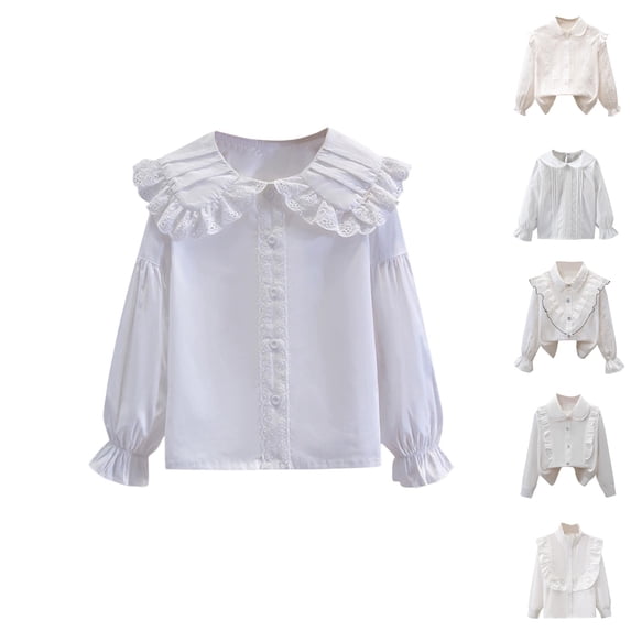 YHAJDS Girls Button Front Blouse Solid Color Lace Trim Long Sleeve Lightweight Top Spring Wear