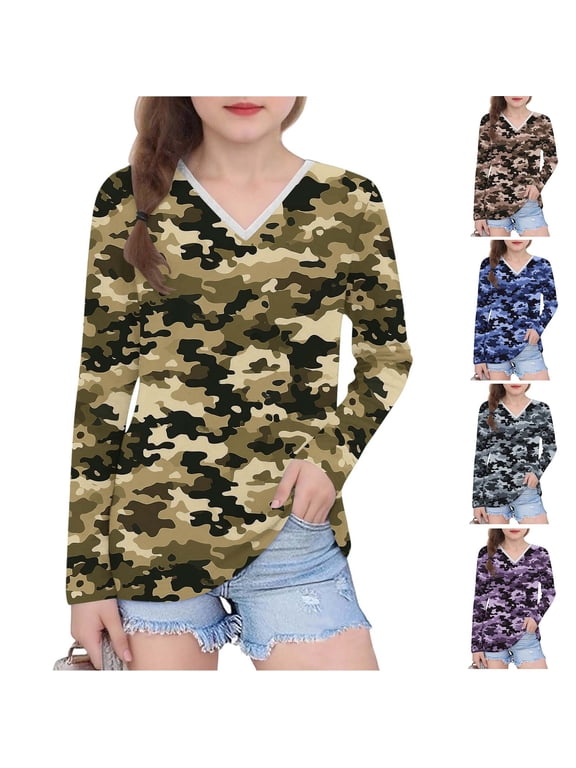 Girls Camo Pattern Shirt V Neck Long Sleeve Pullover Blouse Casual School Daily Wear