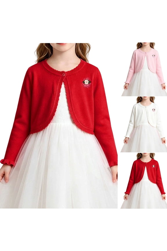 Girls Cardigan Handmade Flower Long Sleeve Solid Button Front Knit Shawl Wrap Outerwear