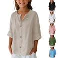 thumbnail image 1 of YHAJDS Girls Cotton Linen Top V Neck Solid Color 7 8 Sleeve Button Down Blouse Daily School Wear, 1 of 9