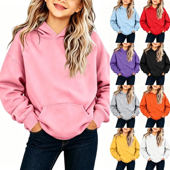 YHAJDS Girls Drawstring Hoodie Winter Long Sleeve Solid Color Casual Sweathirt Top