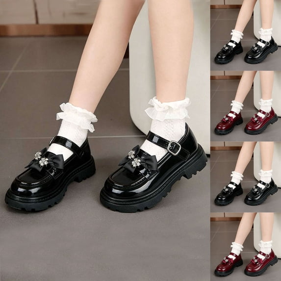 YHAJDS Girls Flower Bow Rhinestone Loafers Soft Sole School Uniform Casual Shoes