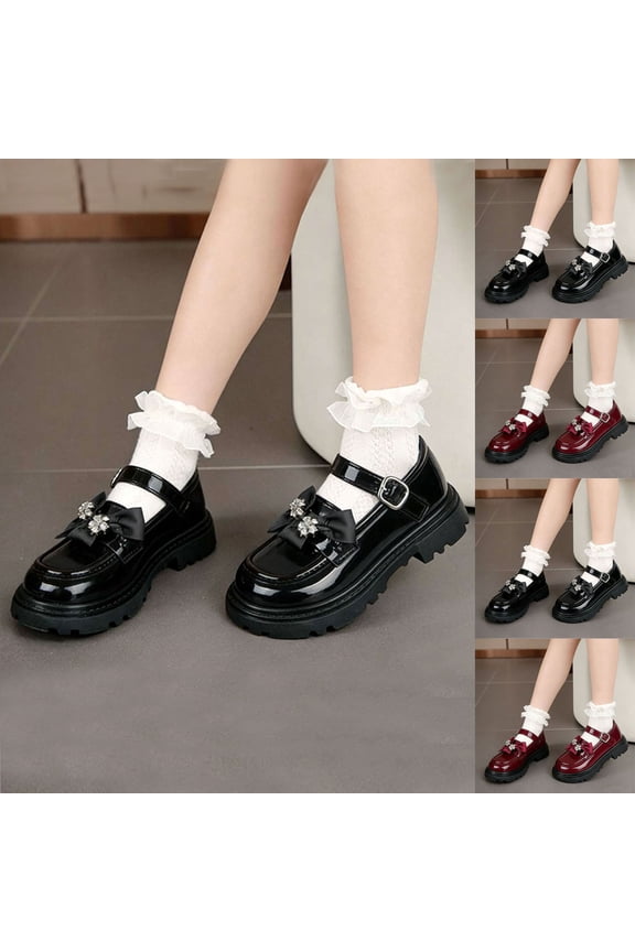 Girls Dress Loafers Bow Flower Rhinestone Design Lightweight Solid Pumps Breathable British Style Casual Boots