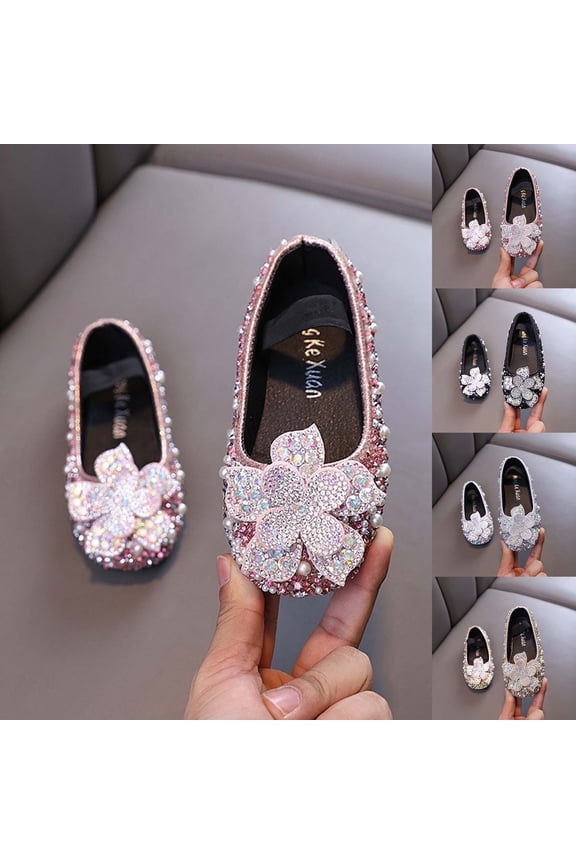 Girls Flower Pearl Rhinestone Mary Jane Flats Elastic Ballet Princess Shoes