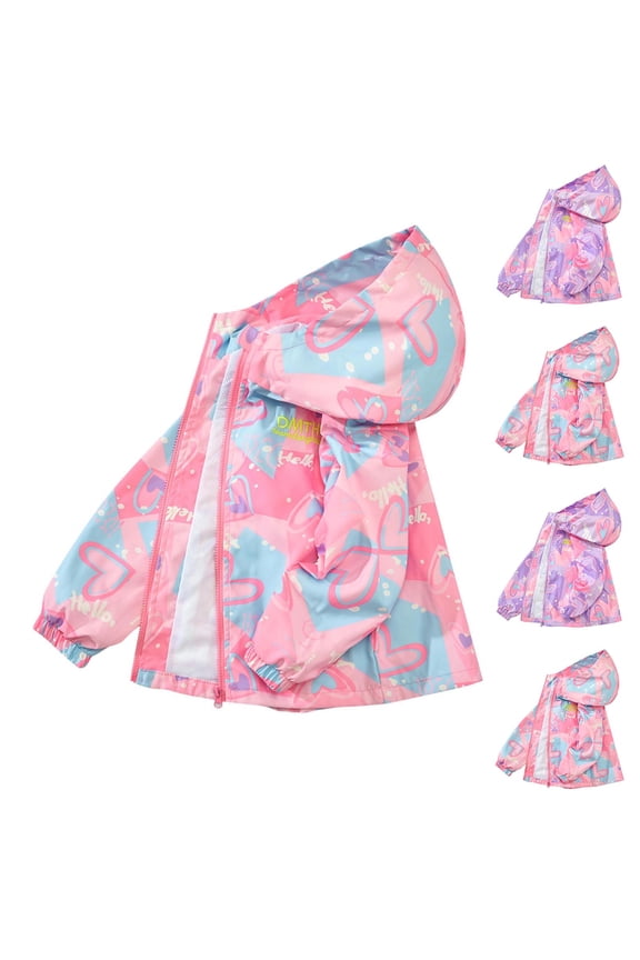 Girls Hooded Jacket Long Sleeve Heart Print Zip Up Loose Fit Sporty Outerwear