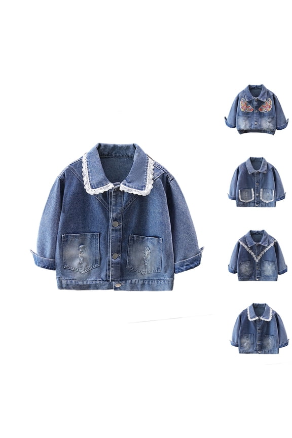 Girls Lace Denim Jacket Long Sleeve Ruffle Trim Button Front Pocket Outerwear