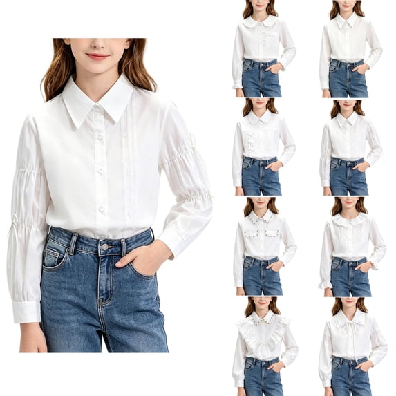 YHAJDS Girls Rhinestone Collar Shirt Solid White Long Sleeve Button Down Blouse School Party Wear