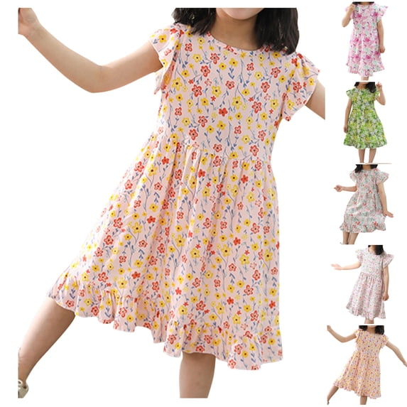 YHAJDS Girls Short Sleeve Dress Floral Print Ruffle Hem Casual Summer Princess Top