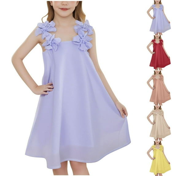 YHAJDS Girls Sleeveless Dress Solid Color Bohemian Style Applique Spaghetti Strap