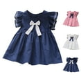 thumbnail image 1 of YHAJDS Girls Solid Color Short Sleeve Dress A Line Ruffle Hem Bow Knot Summer Casual for 2-7 Years, 1 of 4