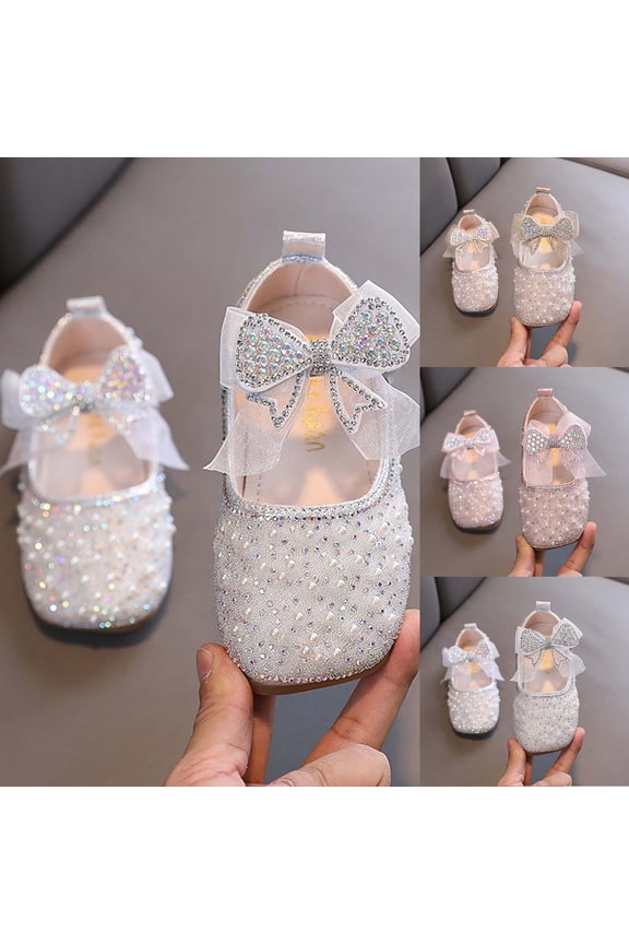 Girls Sparkly Glitter Mary Jane Sandals with Rhinestone Pearl Bow Ballet