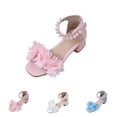 thumbnail image 1 of YHAJDS Girls Square Toe Heeled Sandals Chunky Block Heel Flower Pearl Party Shoes, 1 of 5