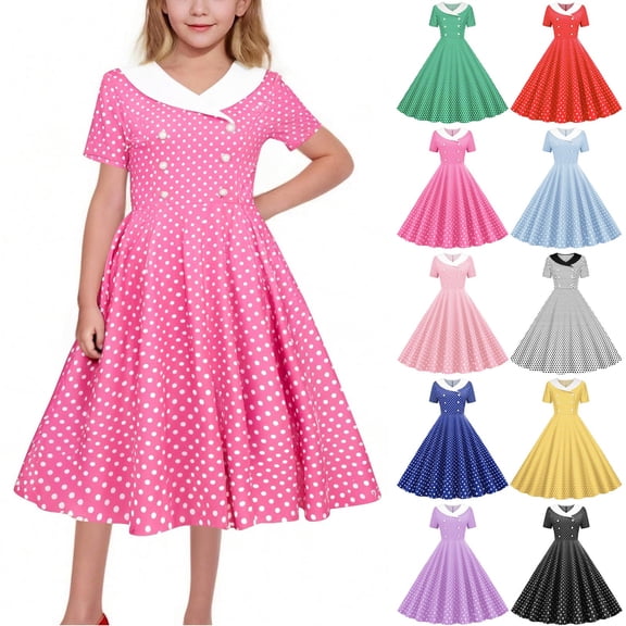 YHAJDS Girls Summer Dresses Polka Dot Print Short Sleeve Button Down Peter Pan Collar Dance Dress Size 5-14 Year