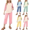 thumbnail image 1 of YHAJDS Kid Girl Boy 2 Piece Sleepwear Set Solid Color Modal Medium Sleeve Crewneck Tee Capri Pants Set, 1 of 10