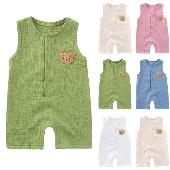 YHAJDS Kid Girl Boy Pajamas Summer Sleeveless Bear Embroidery Cotton Gauze Romper Jumpsuit Loungewear