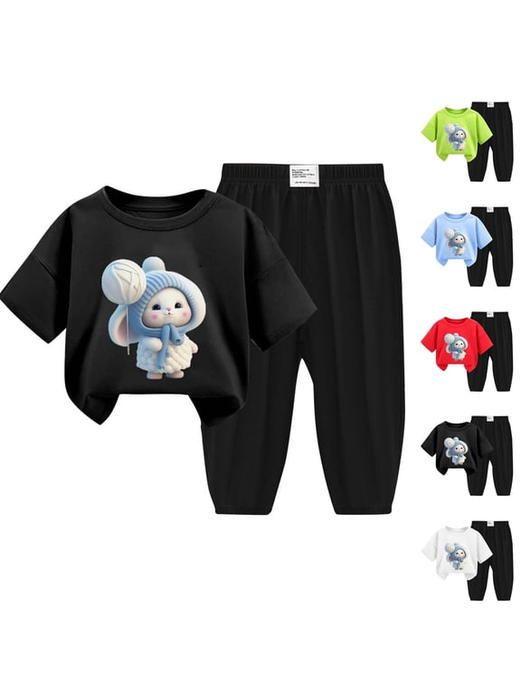 Kids Rabbit Print Short Sleeve Set Crewneck Tee with Ice Silk Mosquito Pants Summer Wear